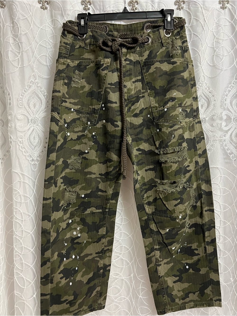 Camo Drawstring with button and zipper  wide leg jeans Olive Green